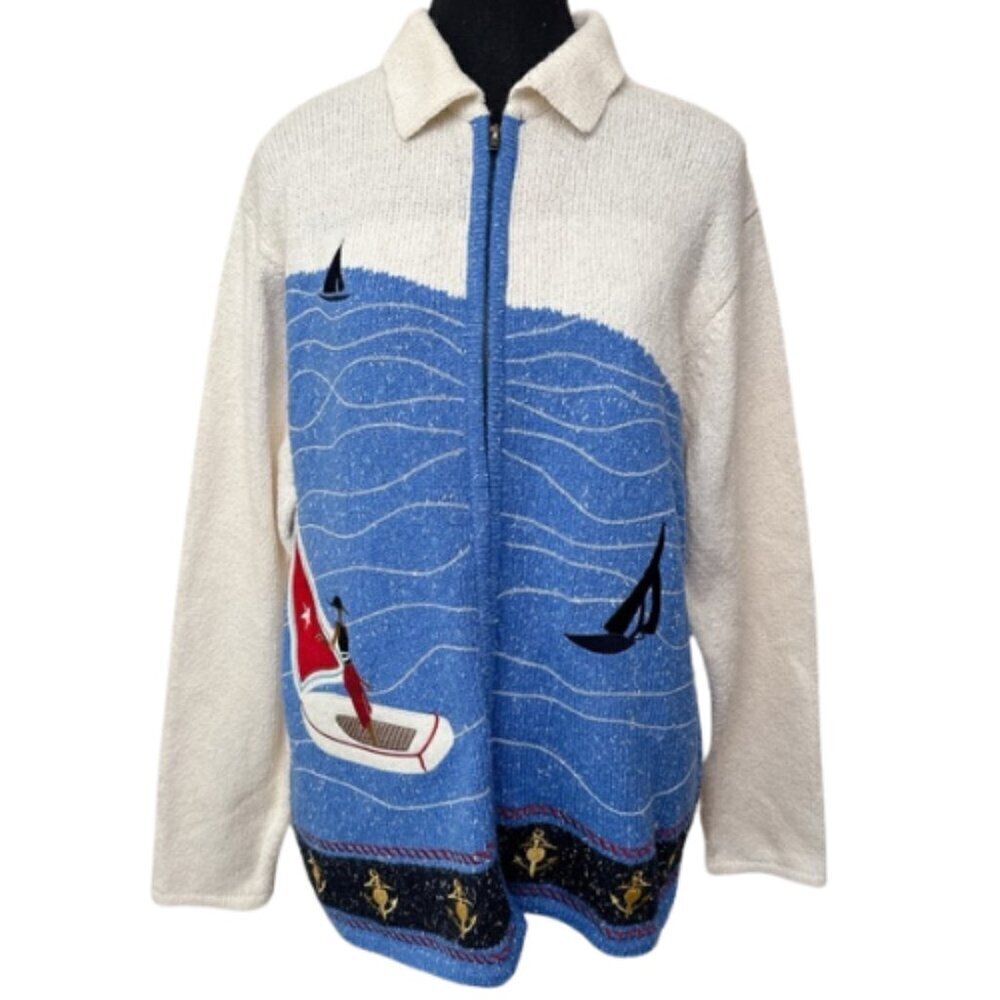 TANJAY Womens Medium Petite Sailboat Vintage Nautical Lady Embroidered Cardigan
